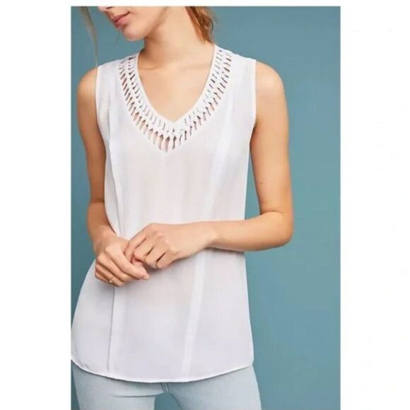 NWT Anthropologie Maeve La Vista White Cutout V-Neck Structured Tank Size S - Picture 1 of 11